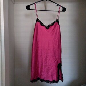 Vintage Y2K Victoria's Secret Hot Pink Satin Slip Dress with Black Lace